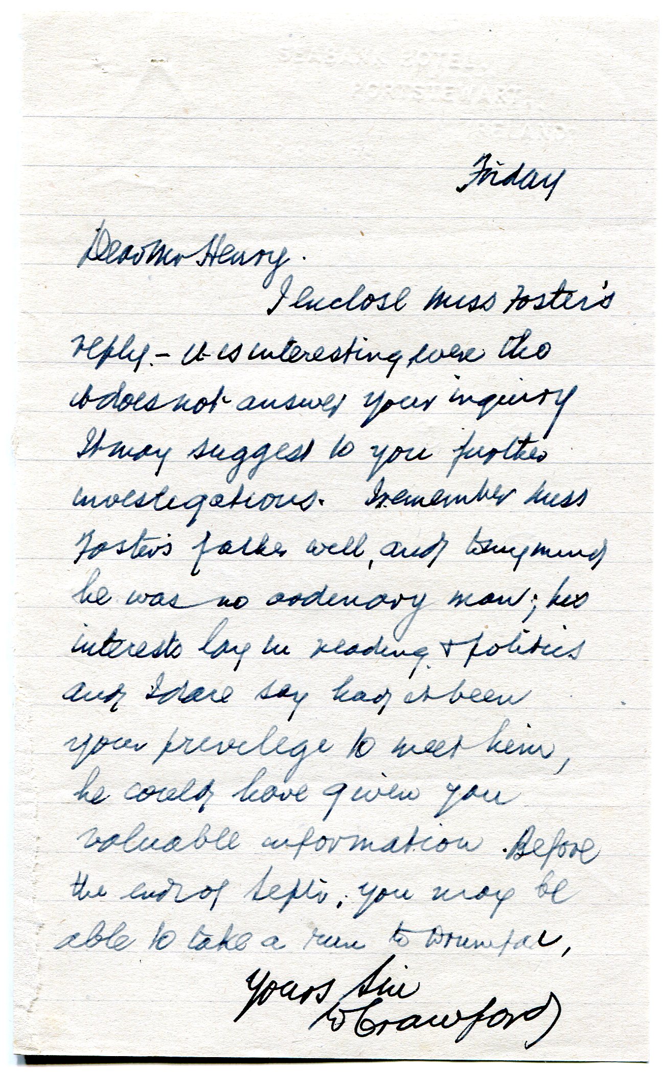 Handwritten letter on lined paper to Mr Henry. Encloses a reply from